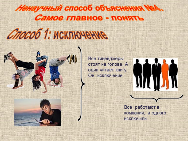 Способ 1: исключение Ненаучный способ объяснения №4. Самое главное - понять Все тинейджеры стоят